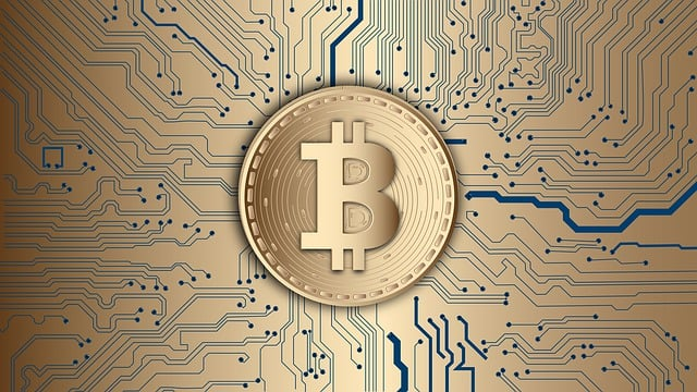Gold Bitcoin coin centered on a digital circuit board background, symbolizing cryptocurrency, blockchain technology, and digital finance